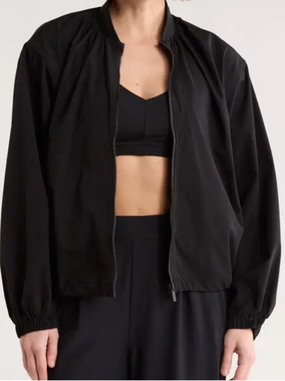 Z by Zella Inbound Ruched Sleeve Bomber Jacket- Black- Size Mmedium